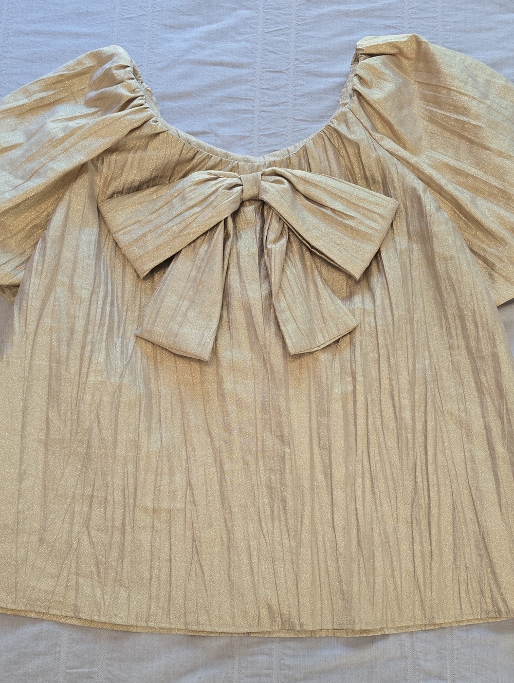 Zara Girls Gold Shimmer Puff Sleeve Bow Back Bow Blouse Girls 10-12